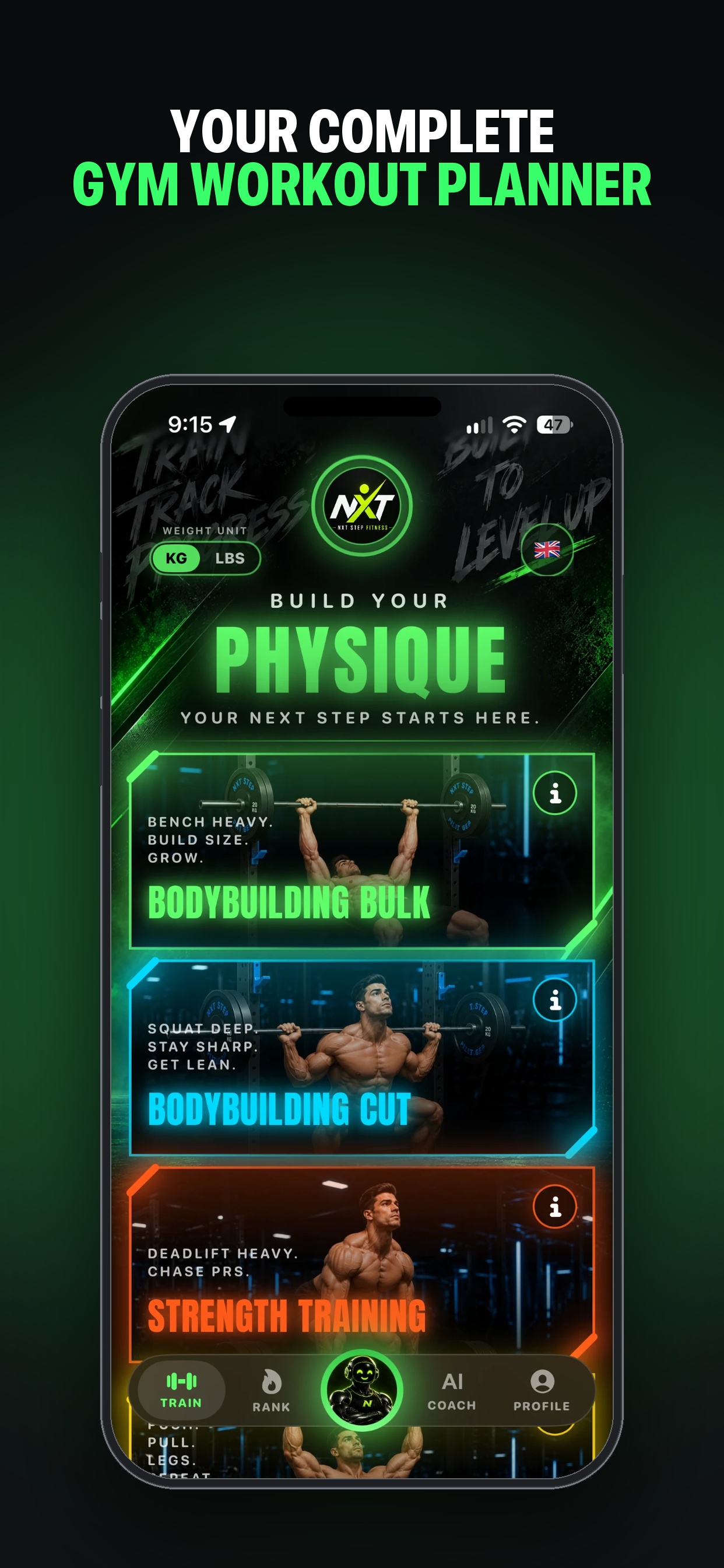 Nxtstep Fitness gym workout planner screen showing bulk, cut, strength, PPL, and powerbuilding modes