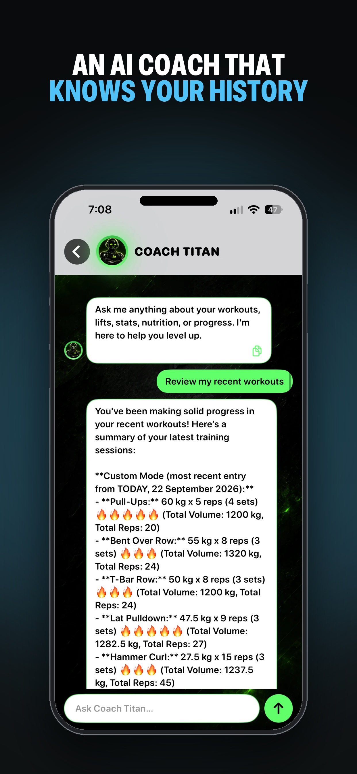 Nxtstep Fitness Coach Titan AI chat screen answering a training question