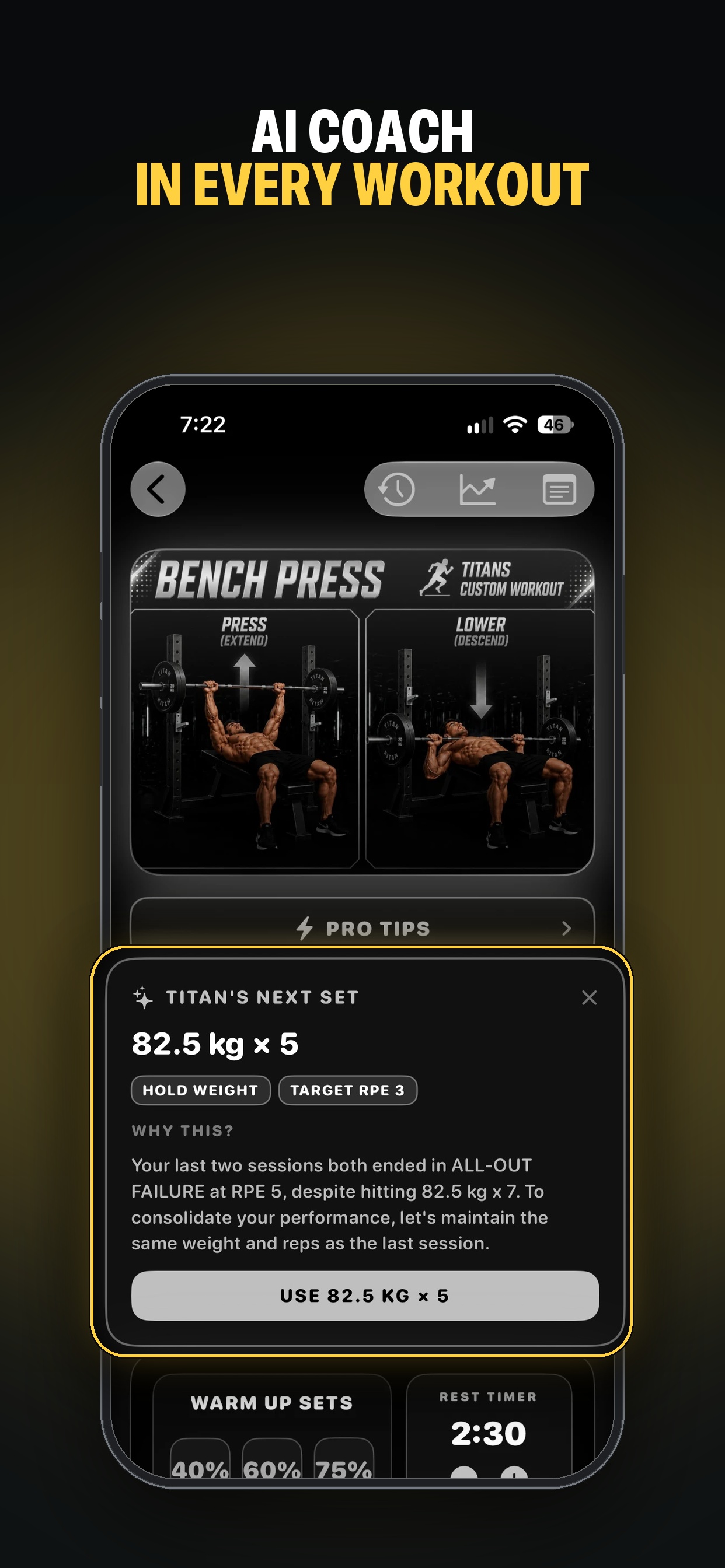 Nxtstep Fitness set tracking screen for Barbell Bench Press with rest timer