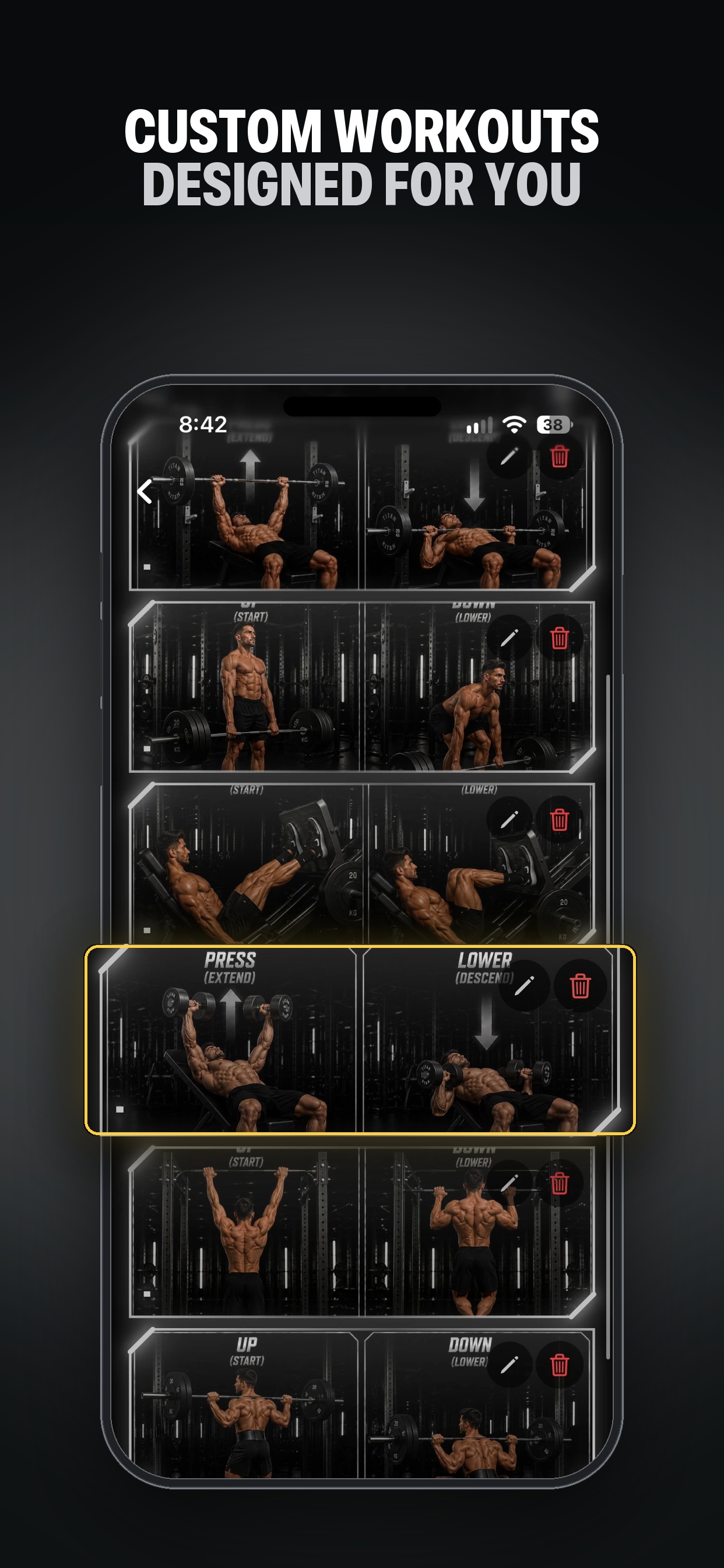 Nxtstep Fitness Push Day screen listing exercises with sets and reps