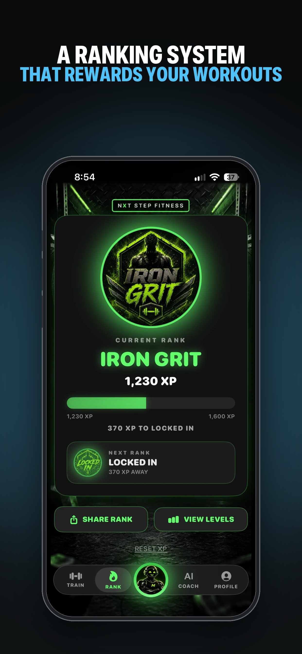 Nxtstep Fitness Coach Titan menu with stats, meal plan, and training options