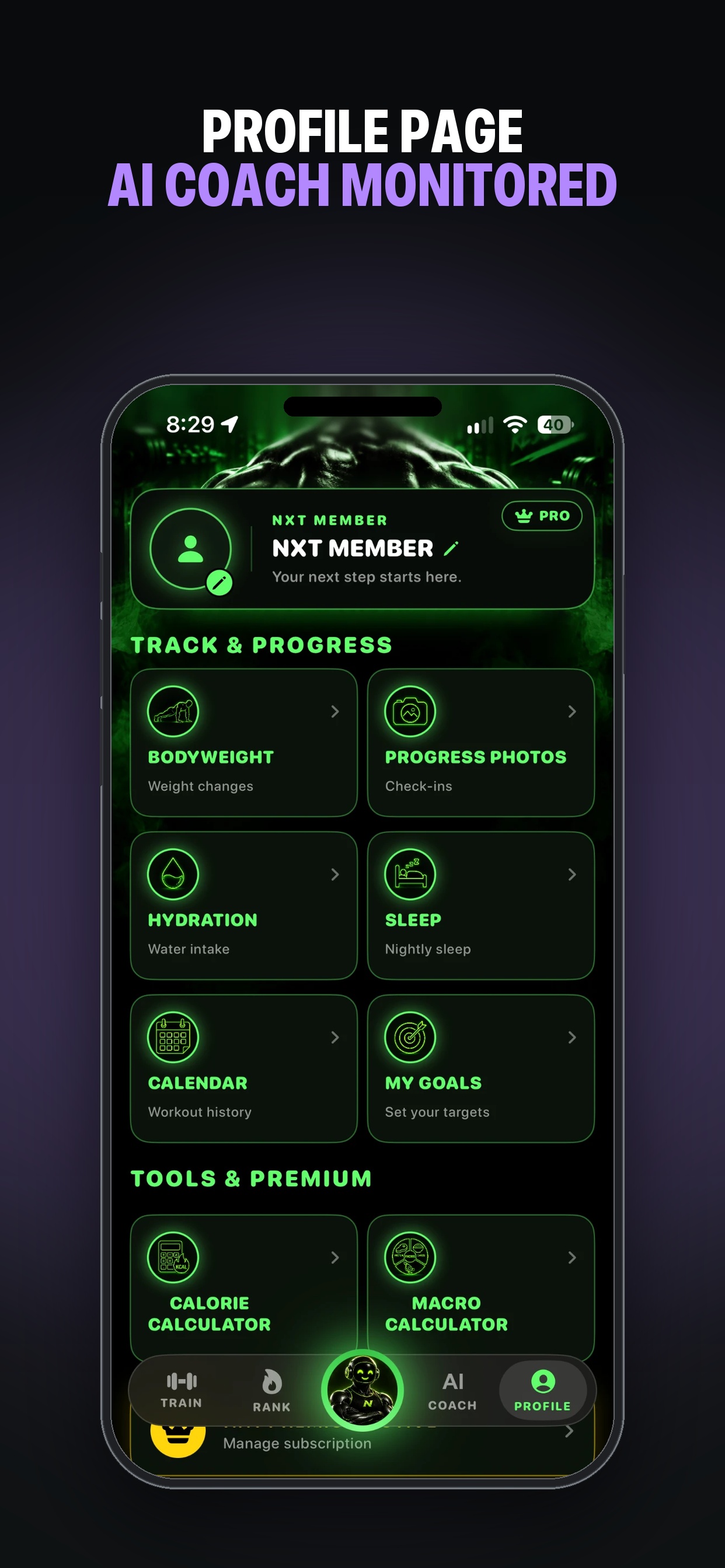 Nxtstep Fitness rank page showing XP and current rank Momentum